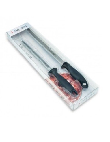 CUCHILLO JAMONERO+CHAIRA+FUNDA 25CM 3 CLAVELES