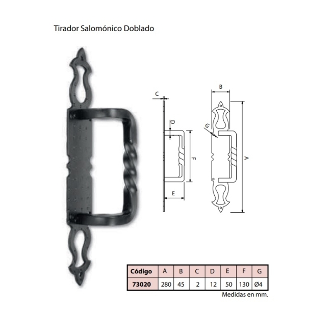Tirador salomonico doblado placa 280x45 - Suinplas