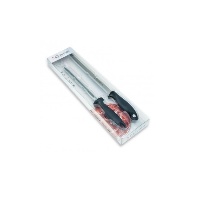 Cuchillo jamonero+chaira+funda  25cm 3 claveles - Suinplas